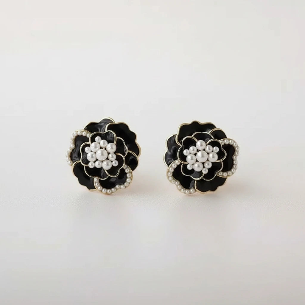 Black Flower Pearl Earrings — Front Close-up