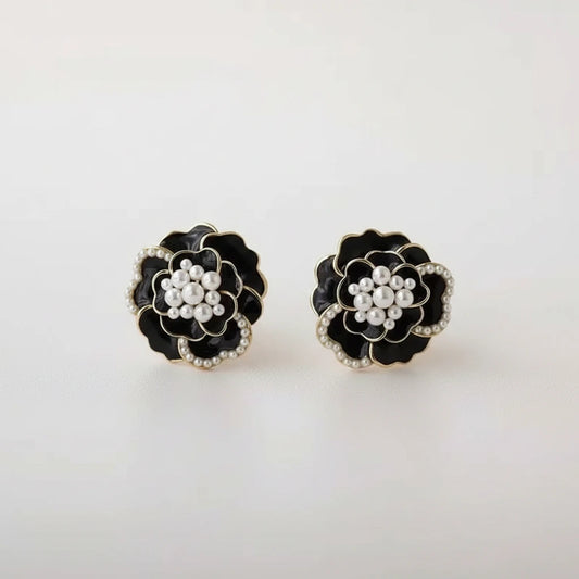 Black Flower Pearl Earrings — Front Close-up