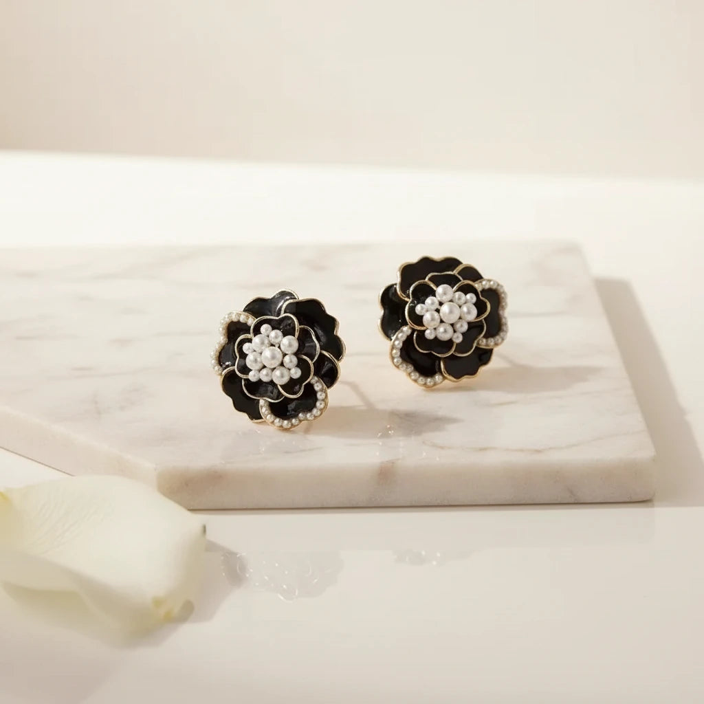 Black Flower Pearl Earrings — Luxe Marble
