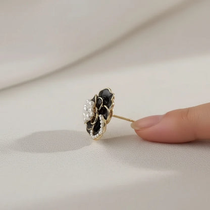 Black Flower Pearl Earrings — Side Angle