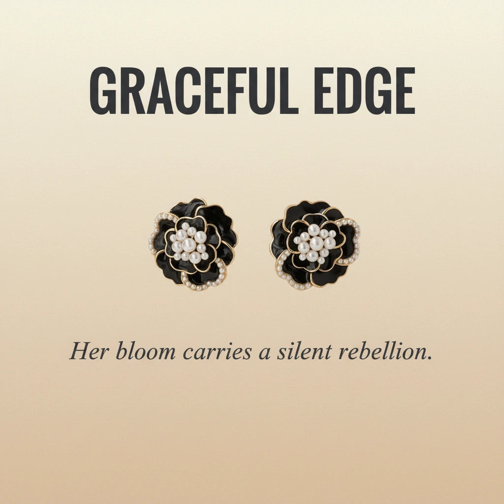 Black Flower Pearl Earrings — Signature Card V2