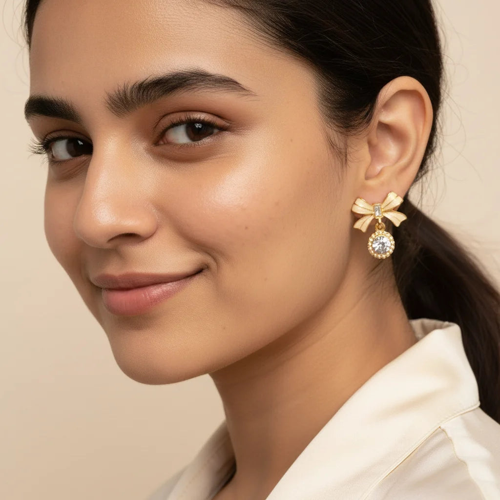 Bow Drop Earrings — Worn Close-up