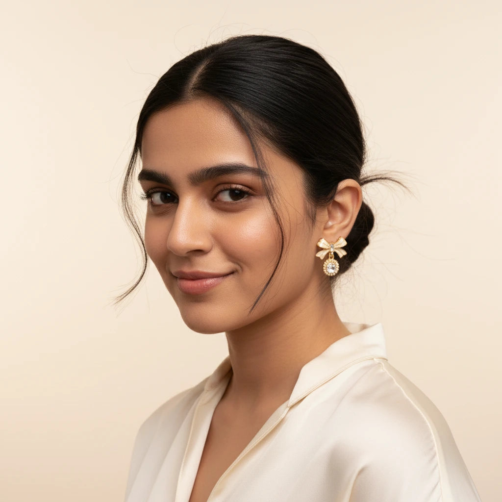 Bow Drop Earrings — Worn on Model