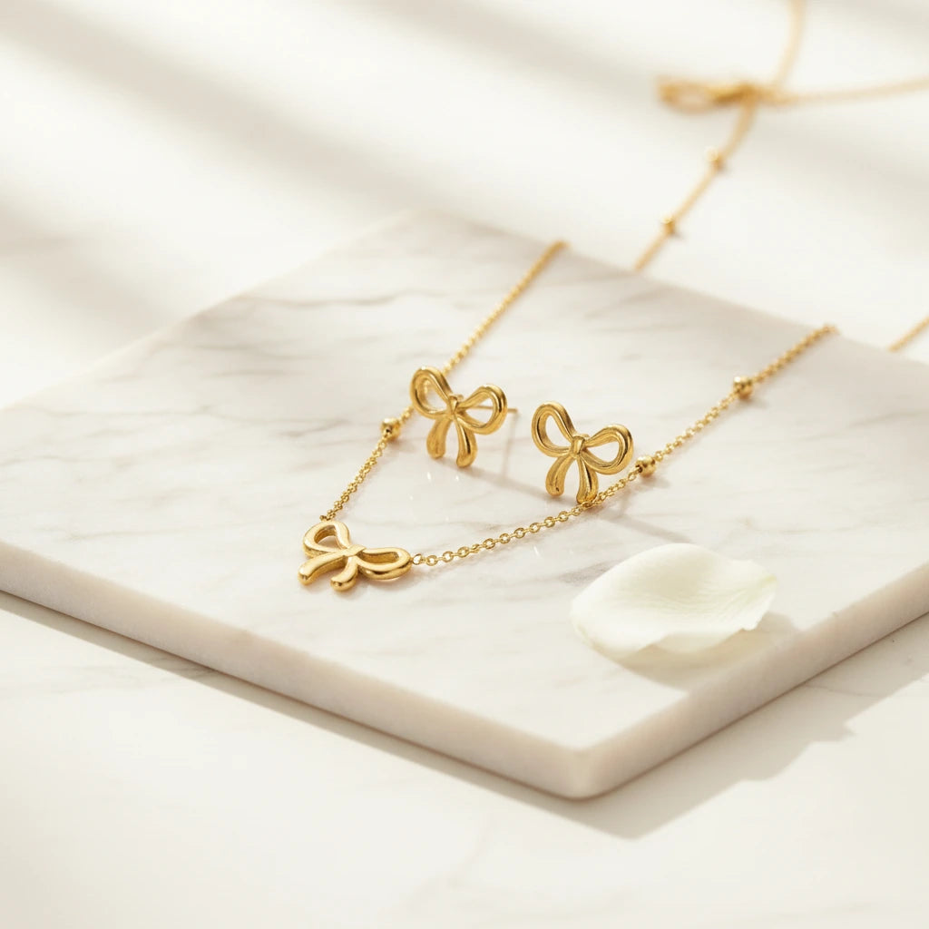 Delicate Bow Jewellery Set — Luxe Marble