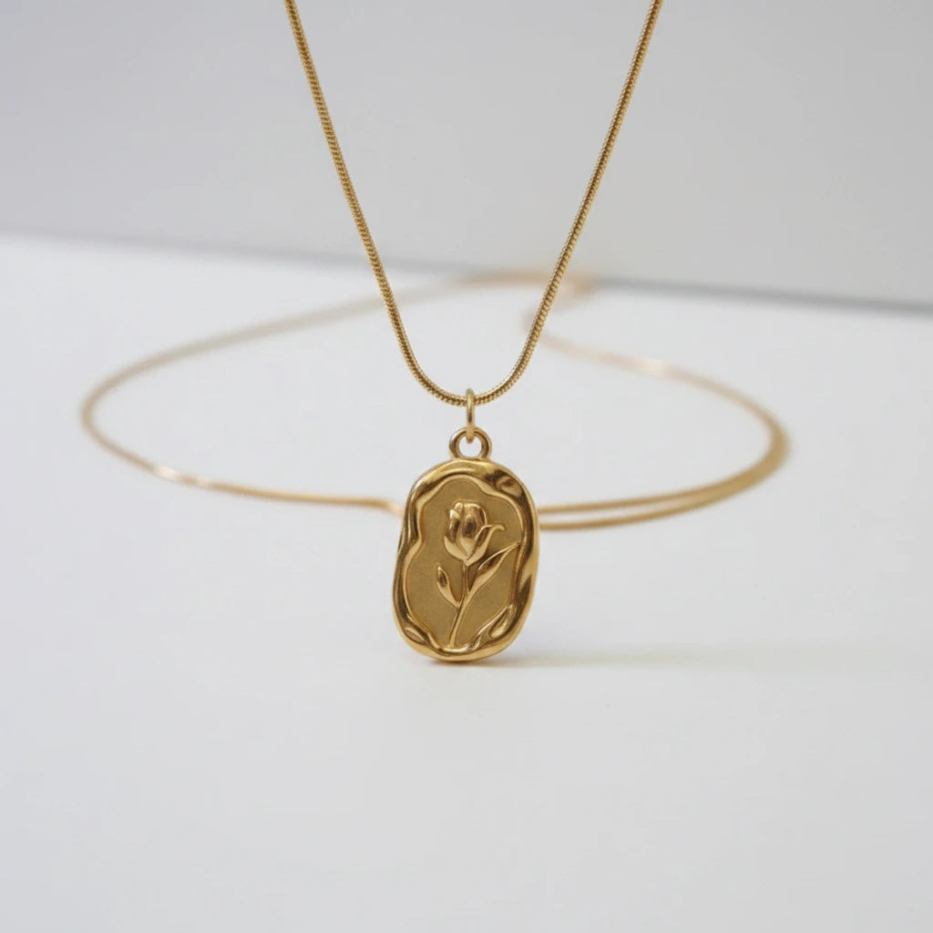 Embossed Rose Necklace — Front Close-up