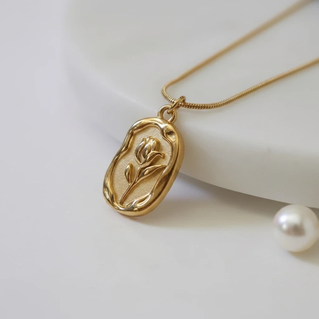 Embossed Rose Necklace — Side Angle