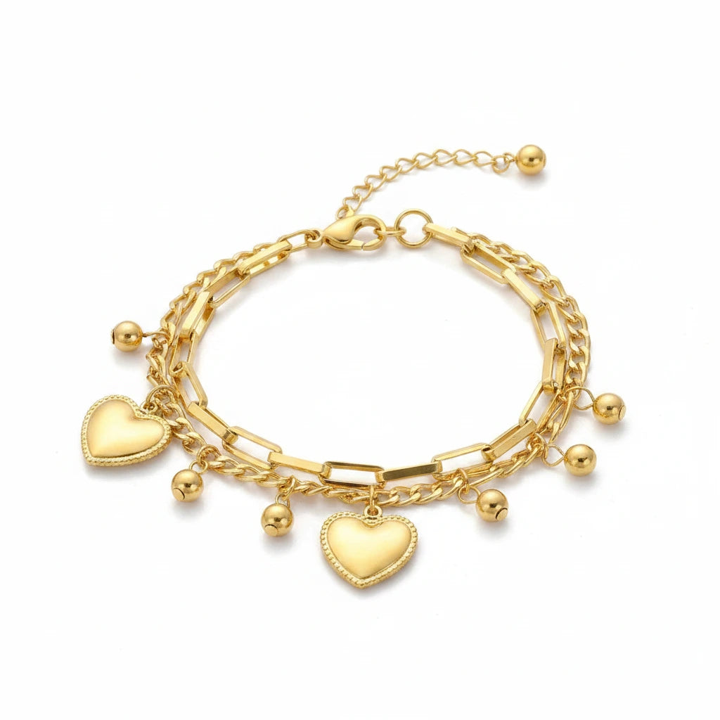 Gold Heart Charm Bracelet — Front Close-up