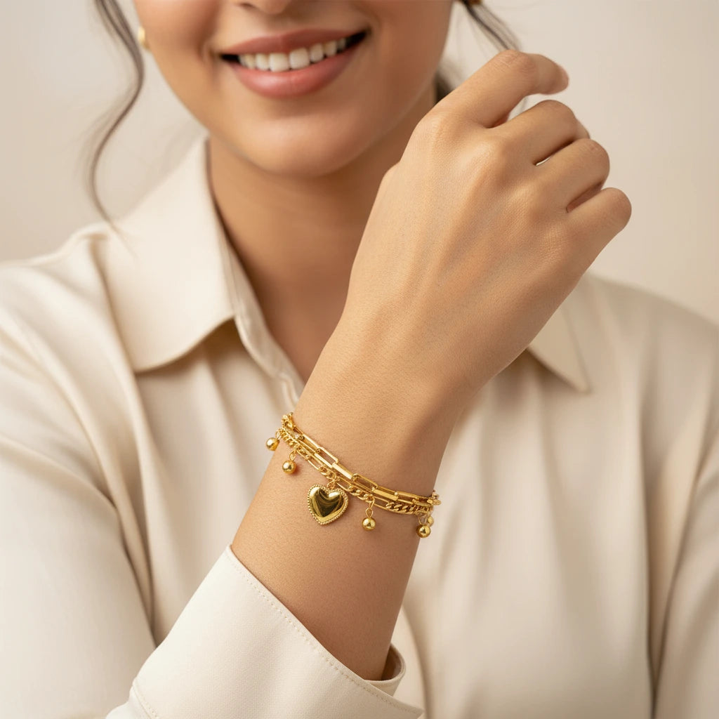 Gold Heart Charm Bracelet — Worn Close-up