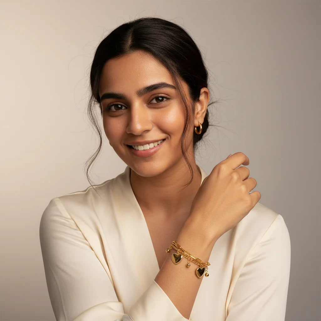 Gold Heart Charm Bracelet — Worn on Model