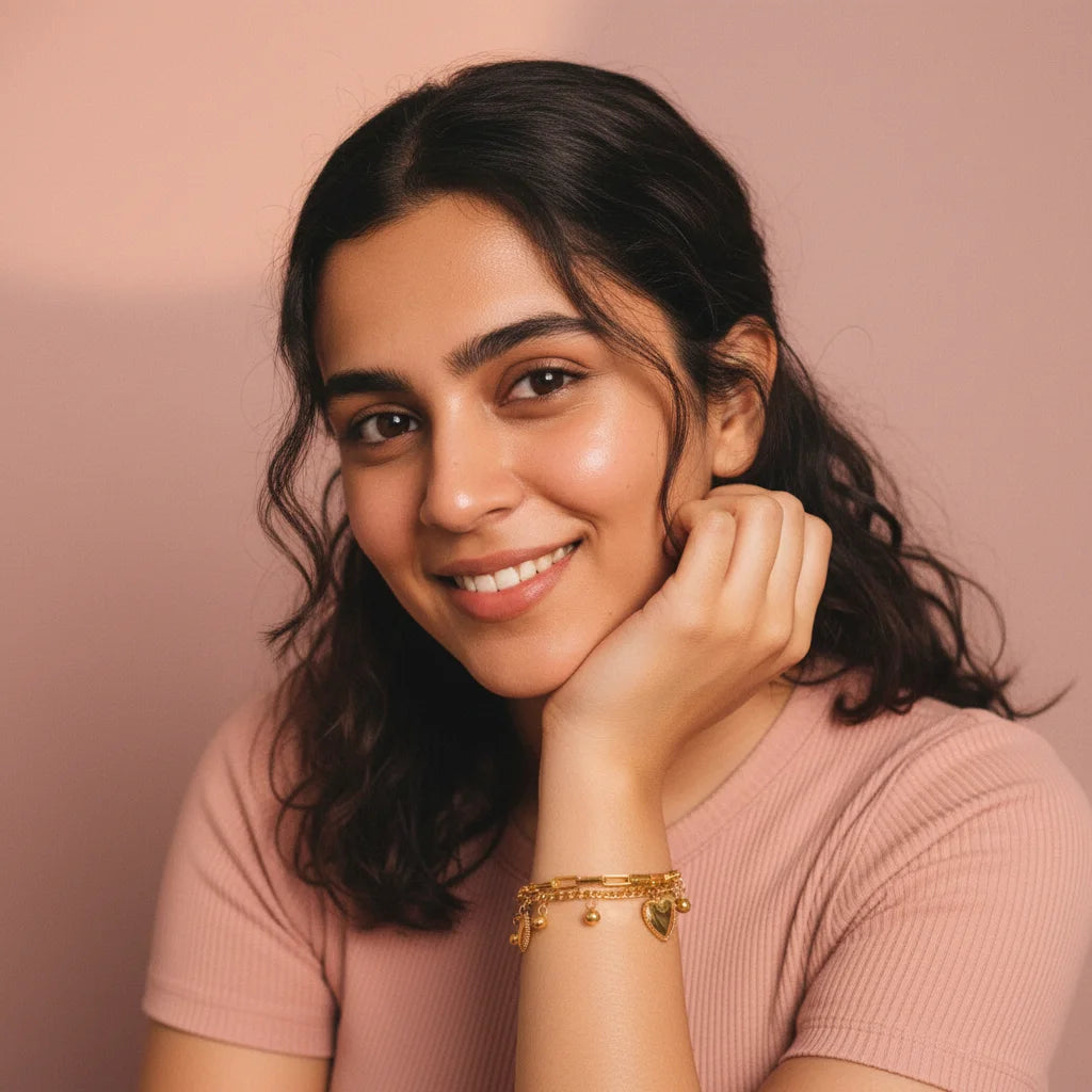 Gold Heart Charm Bracelet — Worn on Model V2