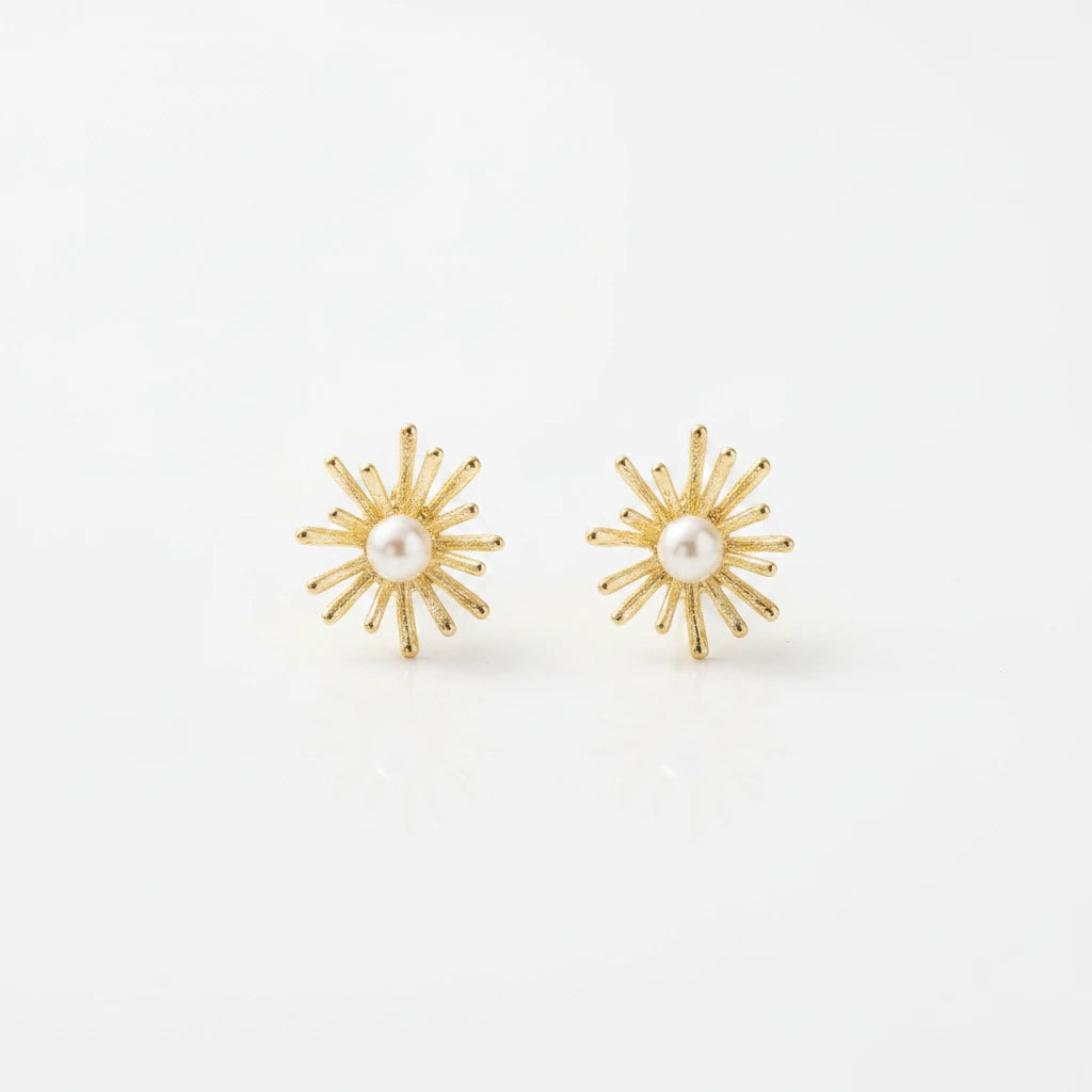 Gold Pearl Starburst Earrings — Front Close-up
