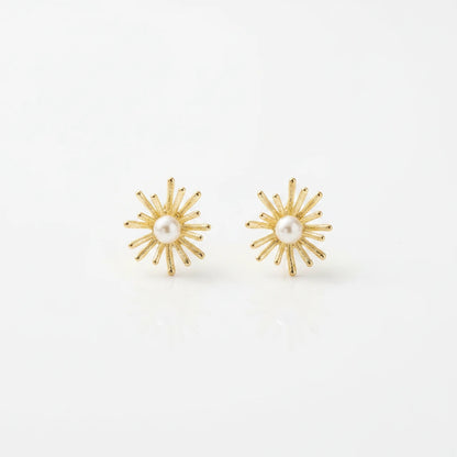 Gold Pearl Starburst Earrings — Front Close-up