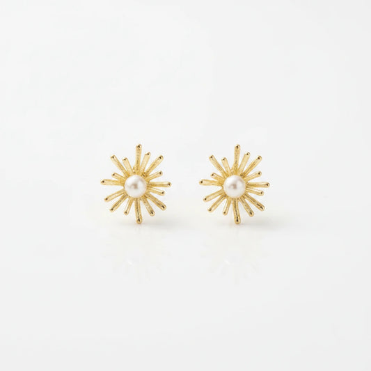 Gold Pearl Starburst Earrings — Front Close-up