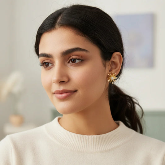 Gold Pearl Starburst Earrings — Worn on Model