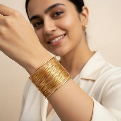 Gold Wire Cuff Bracelet — Worn Close-up