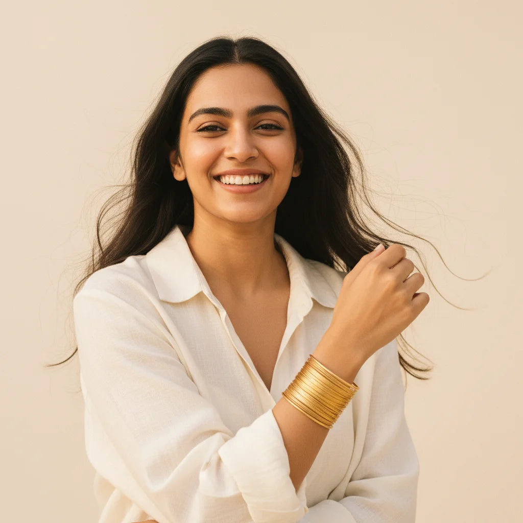 Gold Wire Cuff Bracelet — Worn on Model V2