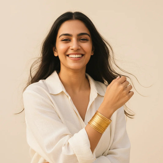 Gold Wire Cuff Bracelet — Worn on Model V2