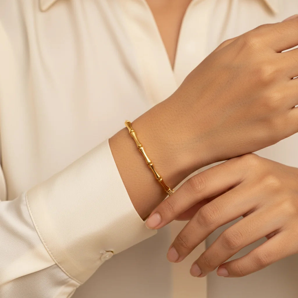 Golden Bamboo Bracelet — Worn Close-up