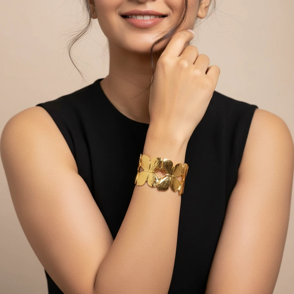 Golden Butterfly Cuff — Worn Close-up