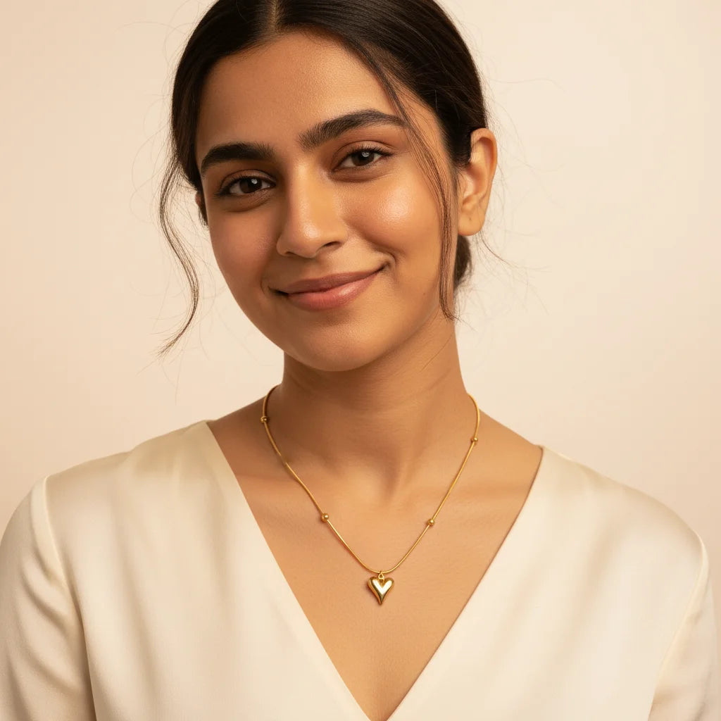 Golden Heart Chain Necklace — Worn Close-up