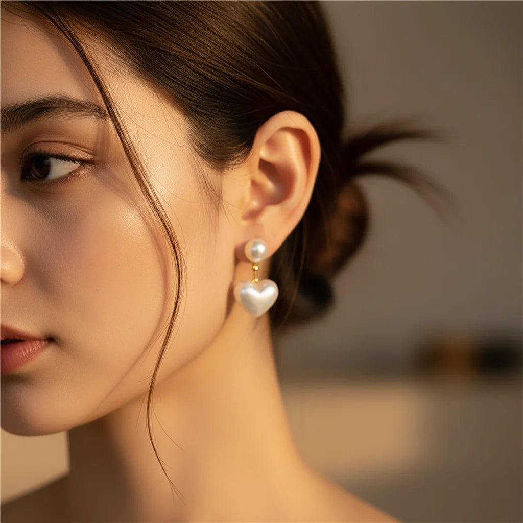 Heart Pearl Drops — Worn Close-up