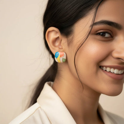 Mosaic Enamel Earrings — Worn Close-up