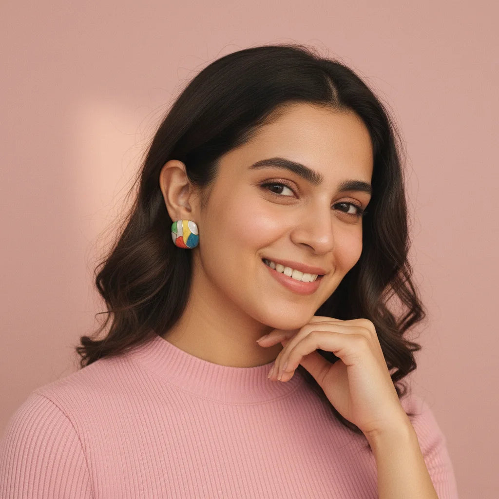 Mosaic Enamel Earrings — Worn on Model V2