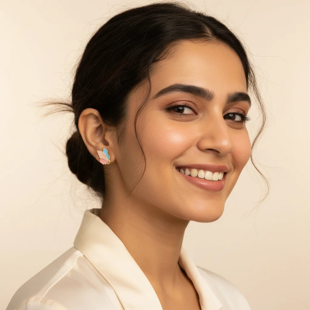 Pastel Butterfly Earrings — Worn Close-up