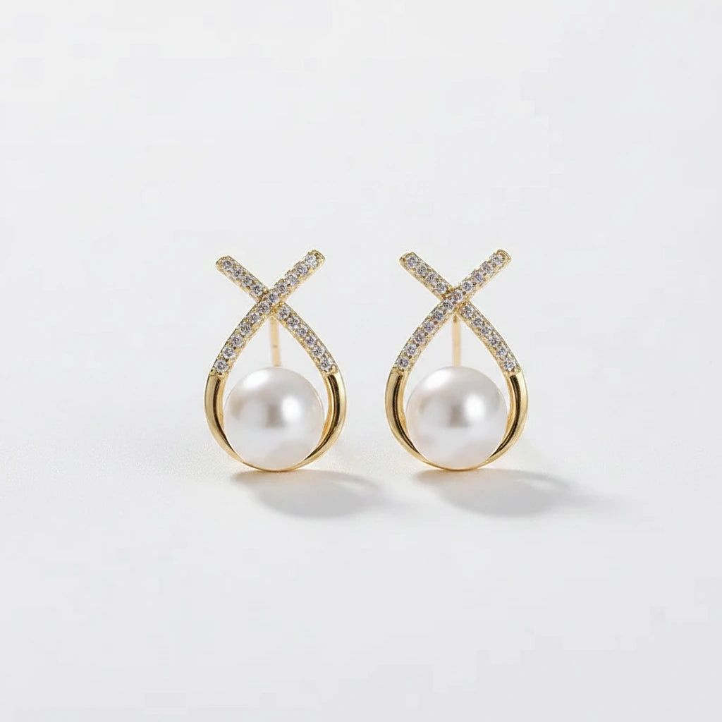 Pearl Crisscross Earrings — Front Close-up