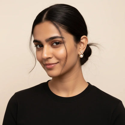 Pearl Crisscross Earrings — Worn on Model