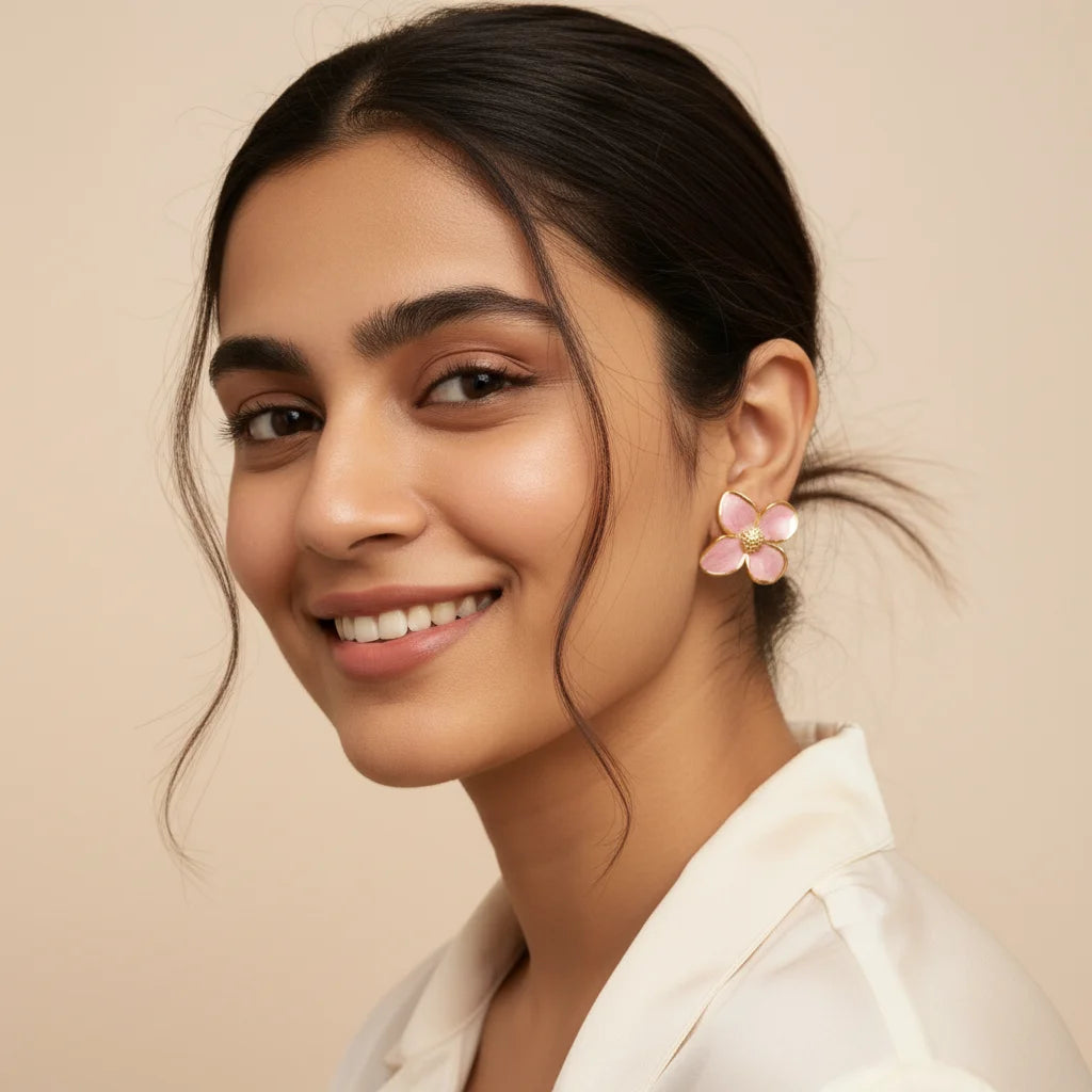 Pink Petal Earrings — Worn Close-up
