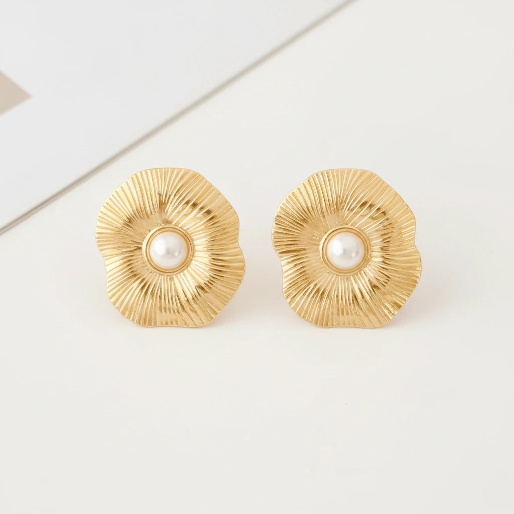 Rippled Pearl Studs — Front Close-up