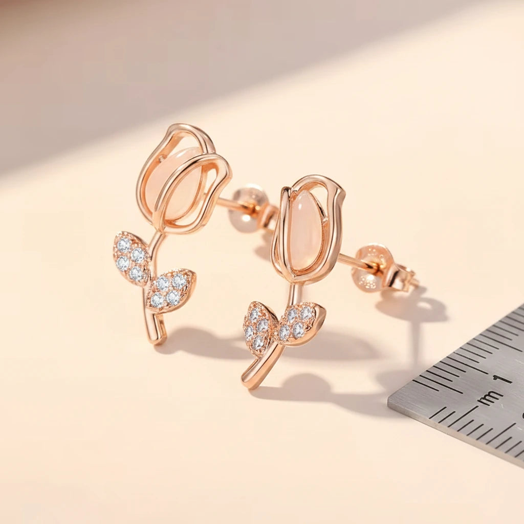 Rose Gold Tulip Studs — Side Angle
