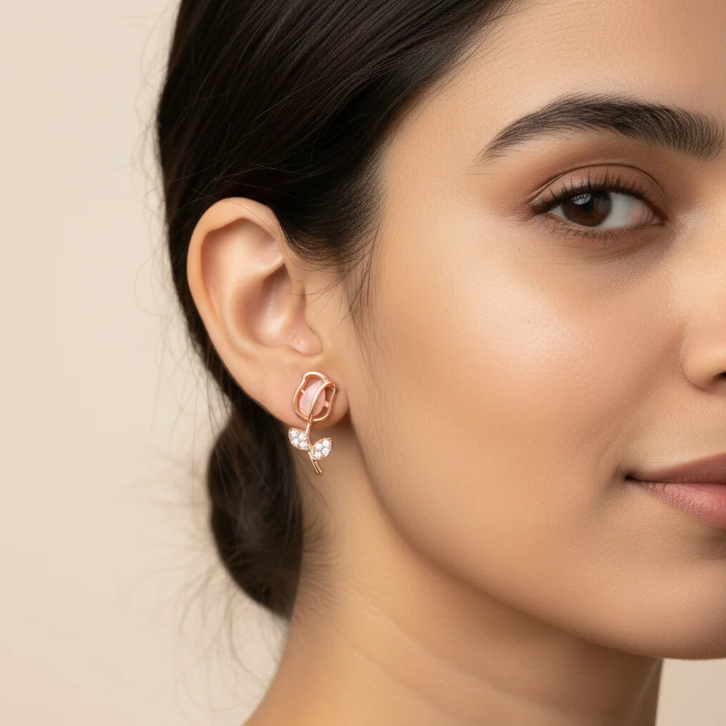 Rose Gold Tulip Studs — Worn Close-up
