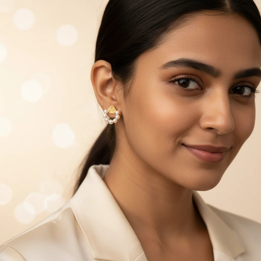 Rose Pearl Studs — Worn Close-up