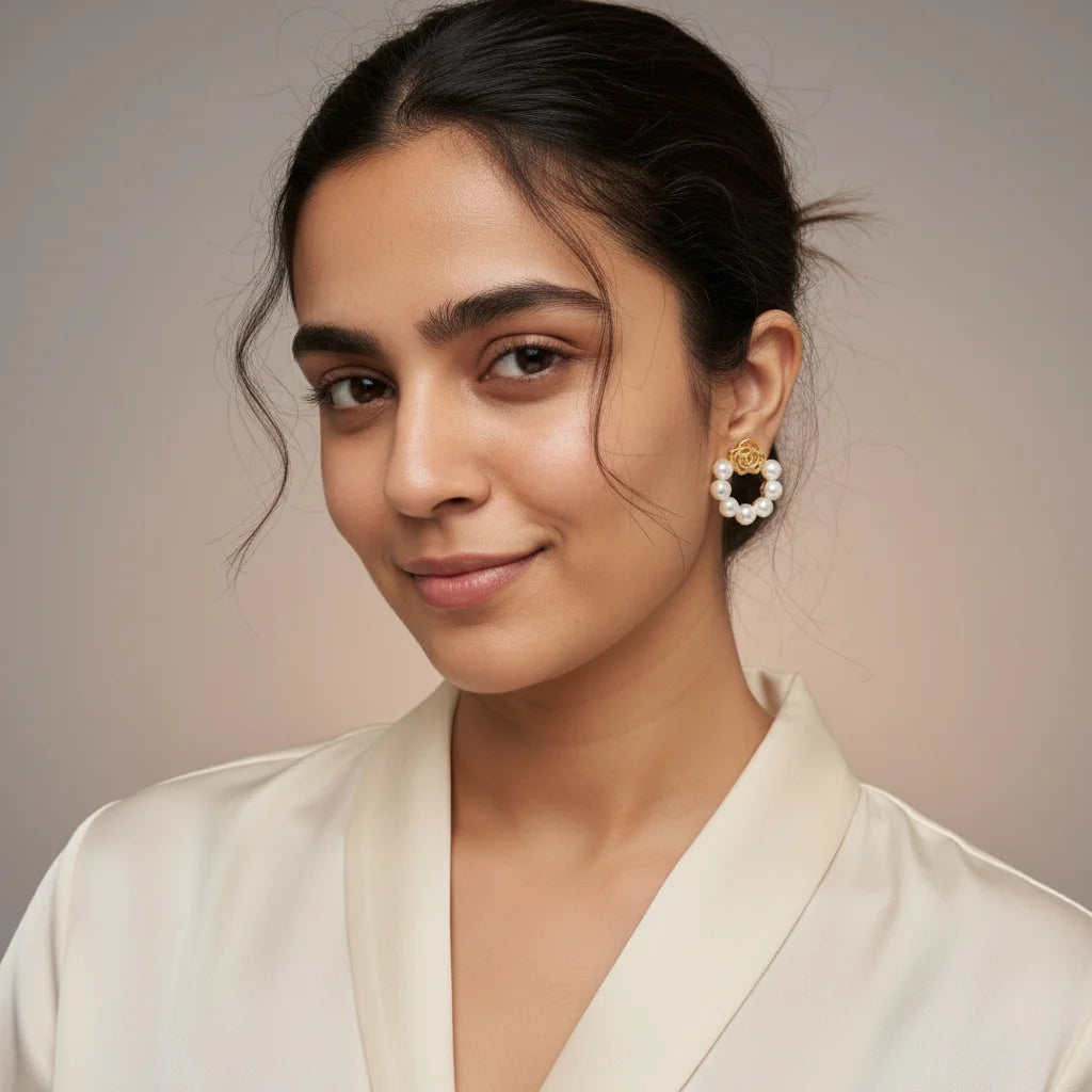 Rose Pearl Studs — Worn on Model