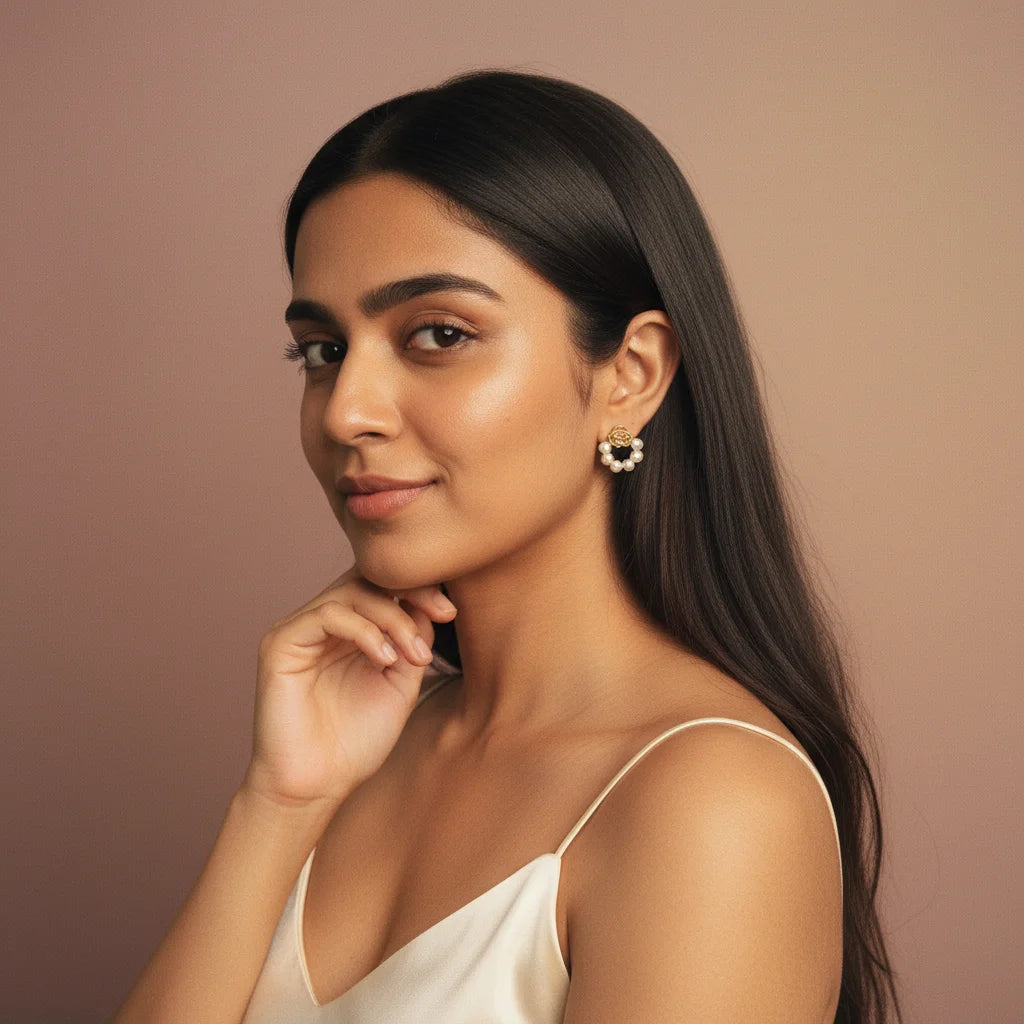 Rose Pearl Studs — Worn on Model V2