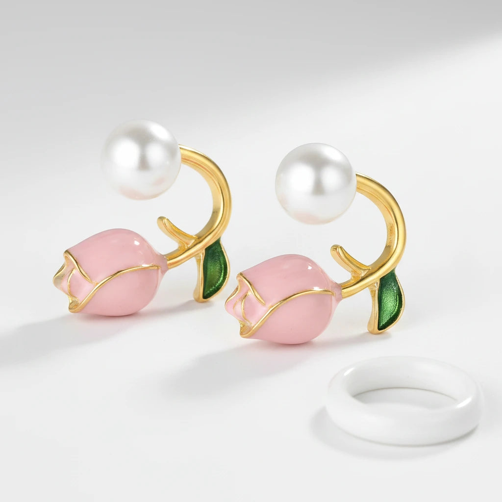Tulip Pearl Earrings — Side Angle