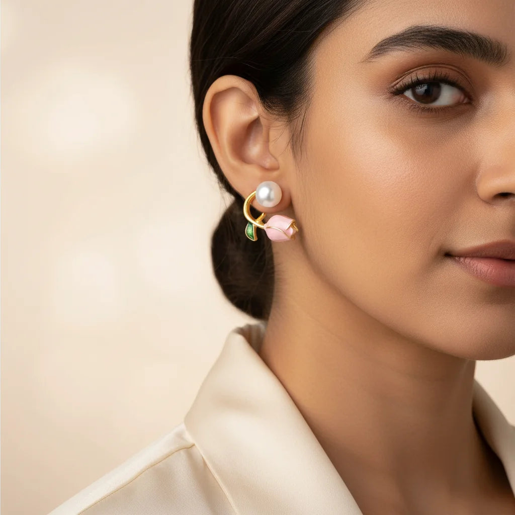 Tulip Pearl Earrings — Worn Close-up