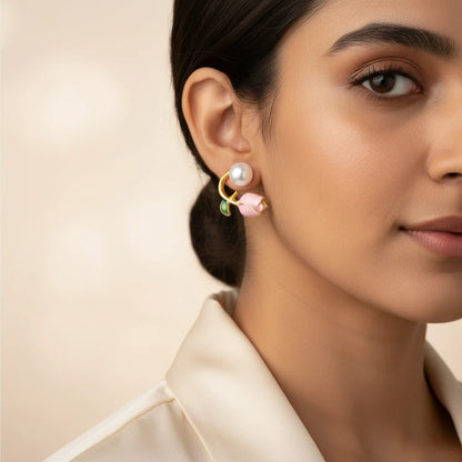 Tulip Pearl Earrings — Worn Close-up